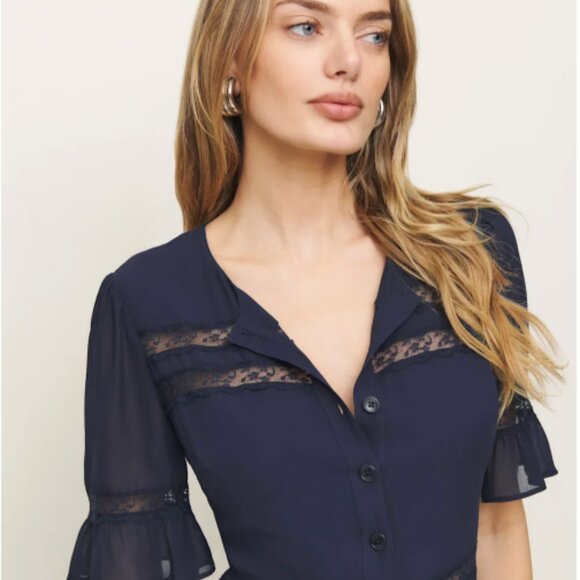 Reformation Woodson Dress, Navy, Size 8 - Picture 2 of 6